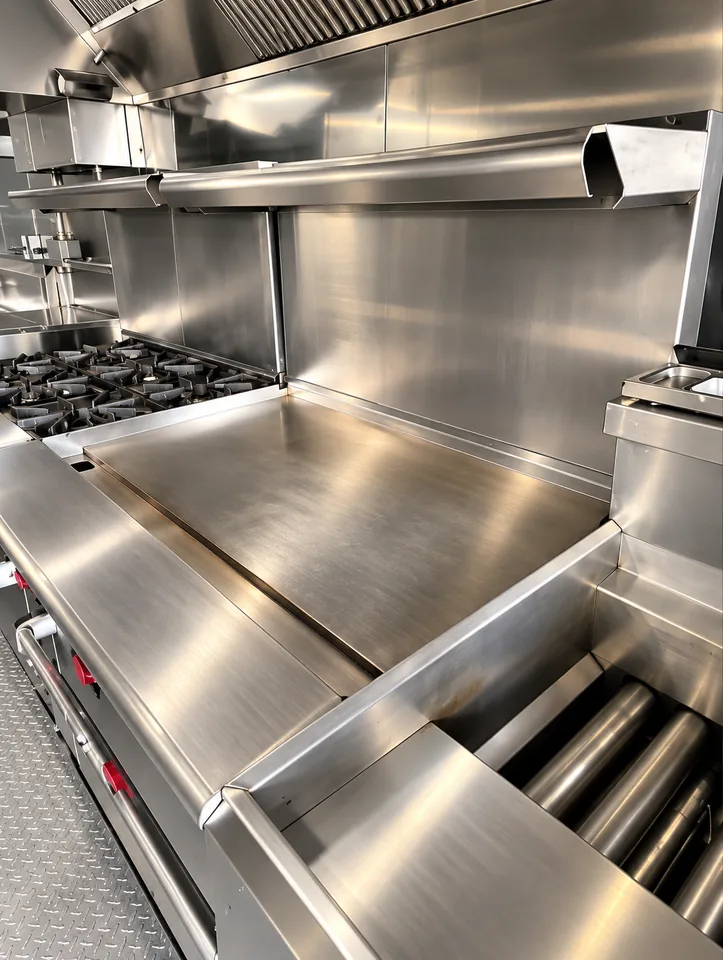 Commercial stainless steel cooking line inside a mobile kitchen trailer